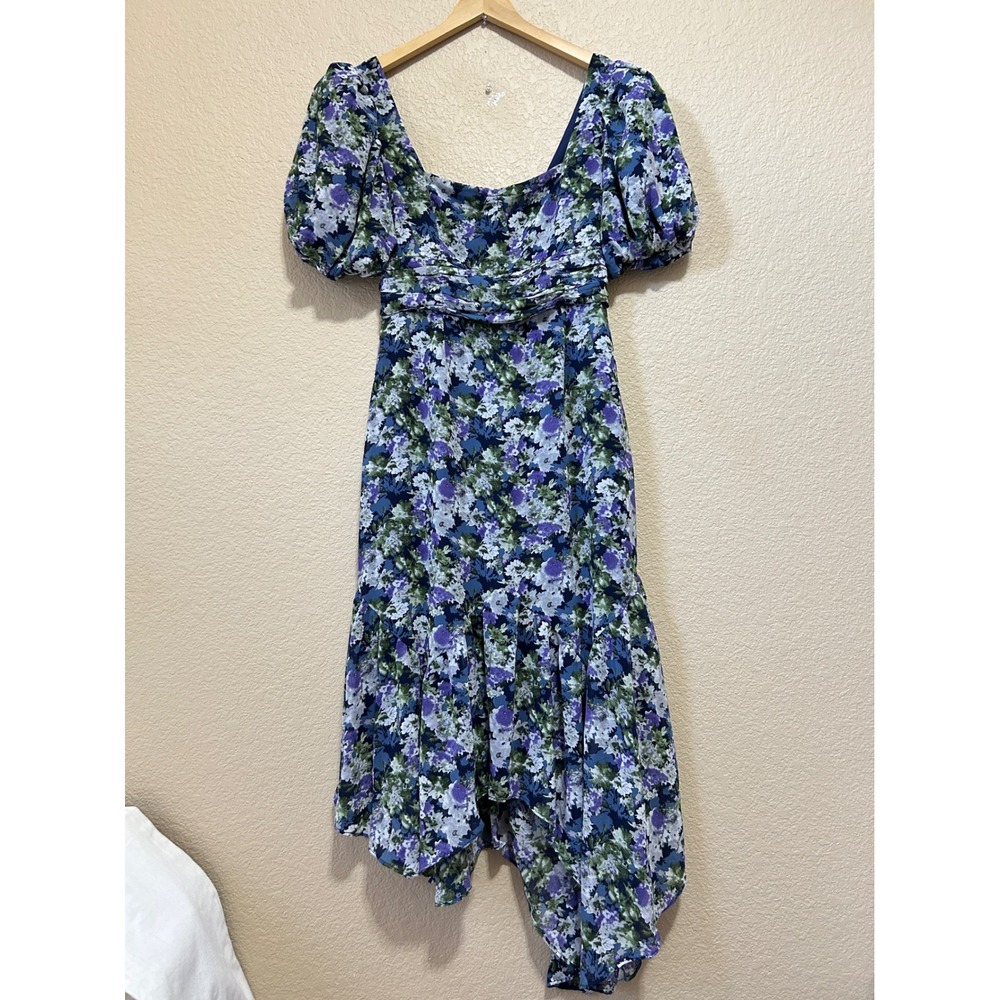 ASTR The Label Medium Floral Puff Sleeve Asymmetrical Milkmaid Dress Blue Purple